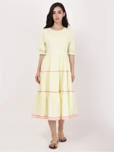 A Little Fable Puff Sleeves Cotton Fit & Flare Midi Dress