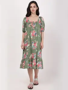 A Little Fable Floral Printed Puff Sleeves Cotton A-Line Midi Dress
