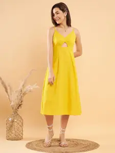 KASSUALLY Yellow Shoulder Straps Cut-Outs Smocked Pure Cotton A-Line Midi Dress