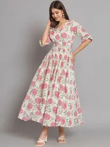 KALINI Floral Printed Puff Sleeves Smocked Detail Cotton Fit & Flare Midi Ethnic Dress