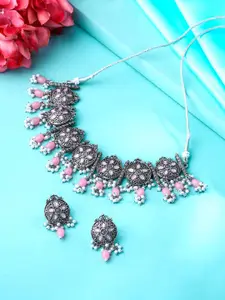 Yellow Chimes Oxidised Stone-Studded & Beaded Necklace & Earrings