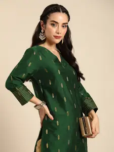 Anouk Women Green & Gold-Toned Ethnic Motifs Dobby Kurta