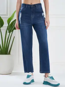 KASSUALLY Women Navy Blue Mom Fit Low Distress Light Fade Pure Cotton Jeans