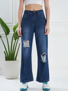 KASSUALLY Women Navy Blue Flared Mildly Distressed Light Fade Pure Cotton Jeans