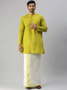 Ramraj Band Collar Pure Cotton Kurta With Veshti