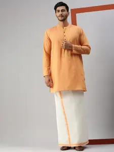Ramraj Band Collar Pure Cotton Kurta With Veshti