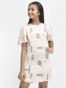 Crimsoune Club Girls Geometric Printed Round Neck Flutter Sleeve A-Line Dress