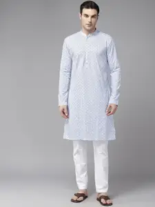 See Designs Geometric Embroidered Mandarin Collar Straight Cotton Kurta