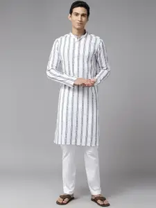 See Designs Striped Mandarin Collar Thread Work Straight Cotton Kurta