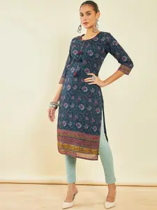 Soch Blue Floral Printed Round Neck Thread Work Regular Kurta