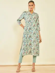 Soch Floral Printed Mandarin Collar Linen Straight Kurta