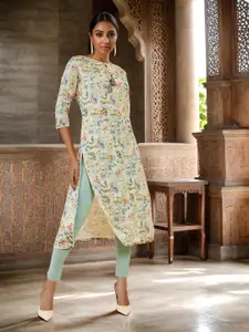 Soch Floral Printed Linen Straight Kurta