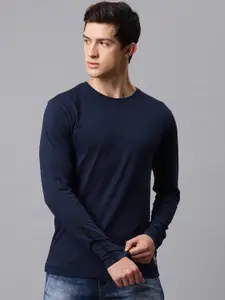 HRX by Hrithik Roshan Men Navy Blue Solid Round Neck Pure Cotton T-shirt