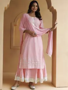 Geroo Jaipur Round Neck Yoke Design Regular Gotta Patti  Kurta & Skirt With Dupatta