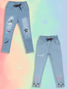 A-Okay Girls Pack Of 2 Slim Fit High-Rise Highly Distressed Embroidered Cotton Jeans