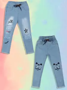 A-Okay Girls Pack Of 2 Slim Fit High-Rise Highly Distressed Embroidered Cotton  Jeans