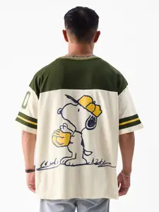 The Souled Store Off-White & Olive Peanuts Print Oversized Fit Pure Cotton Casual T-shirt