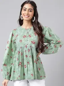 Janasya Floral Printed Pleated V-Neck Puff Sleeves Cotton A-Line Top