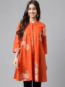 Janasya Floral Printed Mandarin Collar Cotton Longline Top