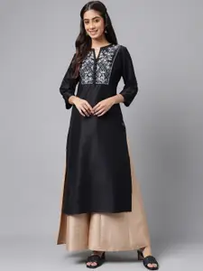 Janasya Black Round Neck Thread Work Detailed Straight Kurta