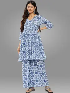 Janasya Blue Floral Printed Pure Cotton Top with Palazzos