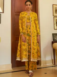 Janasya Yellow Floral Printed Pure Cotton Crop Top With Trouser & Shrug