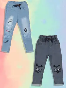 A-Okay Girls Pack of 2 Slim Fit Highly Distressed Light Fade Embroidered Jeans