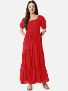 Femvy Square Neck Short Puff Sleeves Tiered Georgette Maxi Dress