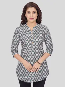 Saree Swarg  Ethnic Motifs Mandarin Collar Three-Quarter Sleeves Poly Crepe Printed Kurti