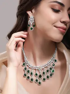 Rubans Rhodium-Plated CZ-Studded Necklace & Earrings Set