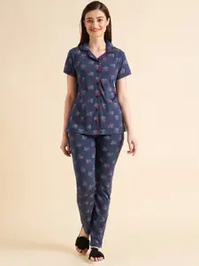 Sweet Dreams Navy Blue & Maroon Floral Printed Pure Cotton Night Suits