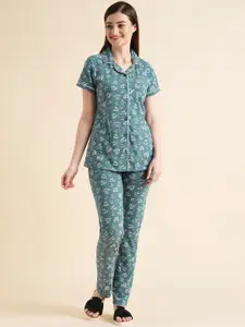 Sweet Dreams Teal Green & White Conversational Printed Pure Cotton Night Suit