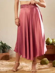 KASSUALLY Peach-Coloured Pleated Waist Flared Midi skirt