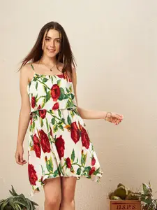KASSUALLY Off White & Red Floral Printed Satin Fit & Flare Mini Dress