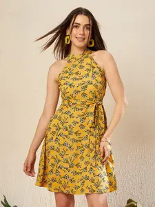 KASSUALLY Yellow Floral Printed Halter Neck Tie Ups Fit & Flare Dress With Belt