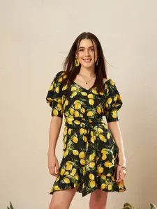 KASSUALLY Black & Yellow Conversational Printed Puff Sleeves Belted A-Line Mini Dress
