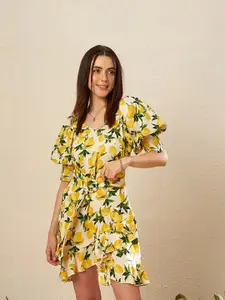 KASSUALLY White & Yellow Floral Printed Puff Sleeves Layered A-Line Dress