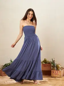 KASSUALLY Blue Off-Shoulder Tiered Fit & Flare Maxi Dress