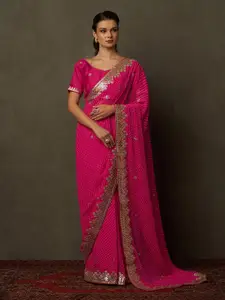 Saree mall Pink & Gold-Toned Beads and Stones Bandhani Sarees