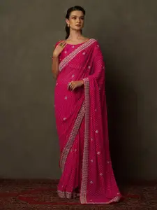 Saree mall Striped Embroidered Pure Georgette Bandhani Sarees