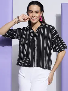 CLEMIRA Vertical Stripes Puff Sleeves Shirt Style Top