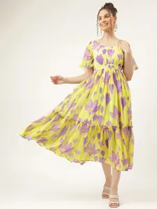 Masakali.Co Floral Printed Flared Sleeve Smocked Georgette Fit & Flare Dress