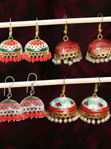 OOMPH Set Of 4 Stone-Studded & Beaded Dome Shaped Jhumkas