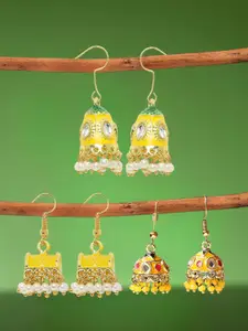 OOMPH Set Of 3 Kundan Studded & Beaded Dome Shaped Jhumkas