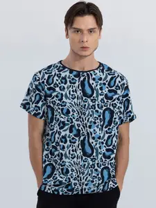 Snitch Blue Regular Fit Abstract Printed Round Neck Casual T-shirt