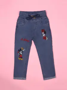 F2M Boys Mickey & Friends Embroidered High-Rise Low Distress Slim Fit Cotton Jeans