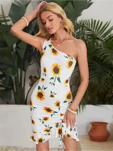 BAESD Floral Printed One Shoulder Tie-Up Detailed Sheath Dress