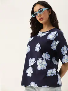 Kook N Keech Floral Printed Drop-Shoulder Sleeves Pure Cotton Longline T-shirt