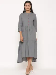 SUTI Mandarin Collar Roll-Up Sleeves Tiered Cotton A-Line Dress