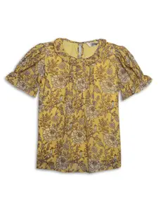 Cantabil Girls Yellow Floral Printed Puff Sleeves Georgette Top